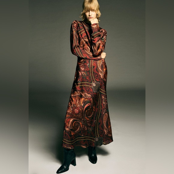 Zara Dresses Zara Multicolored Satin Effect Paisley Printed Dress